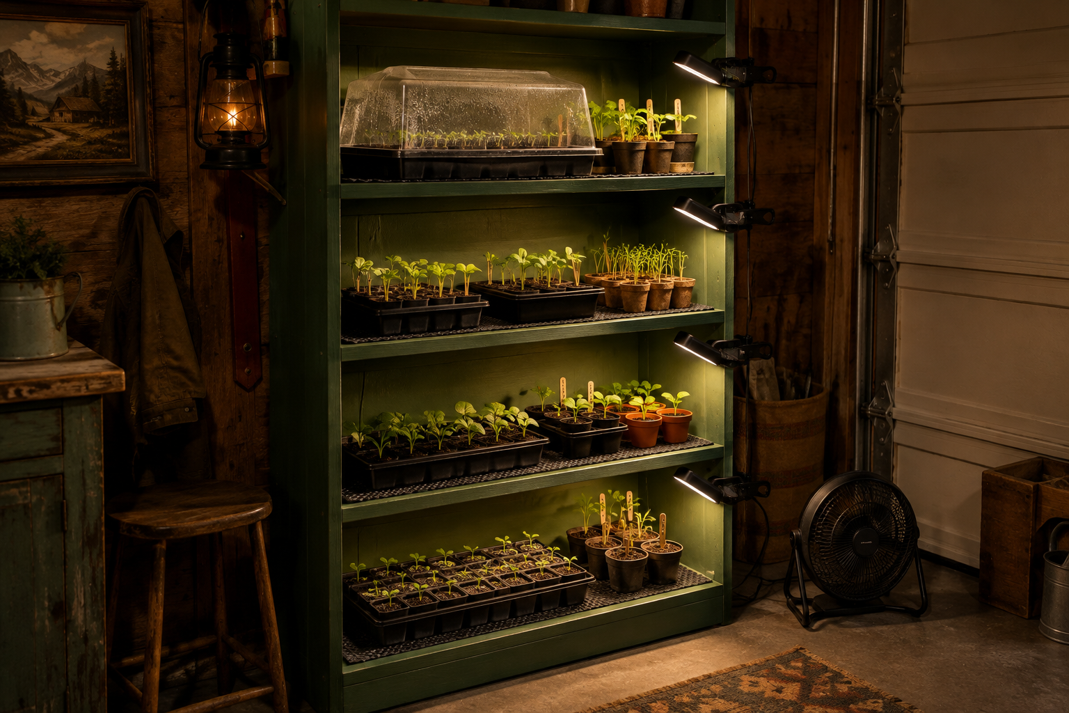 Deep green painted repurposed bookshelf converted to a seed starting station with clip-on grow lights in garage