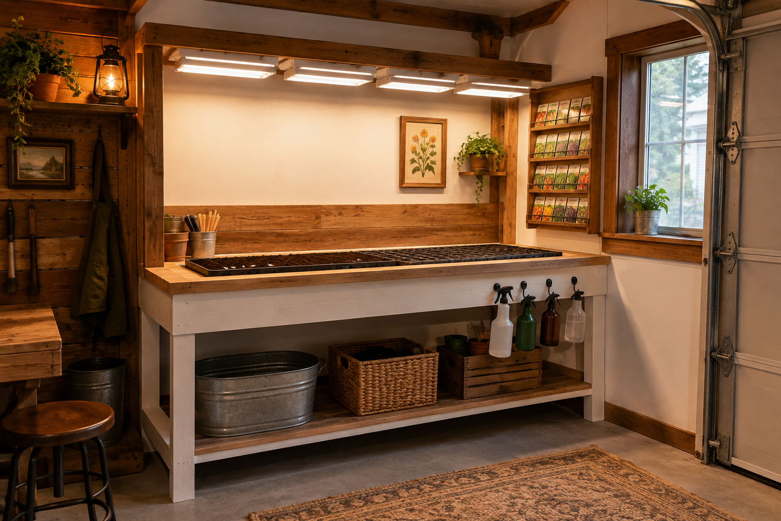 Built-in white plywood seed starting bench with full-spectrum LED light canopy and wall-mounted seed packet rack
