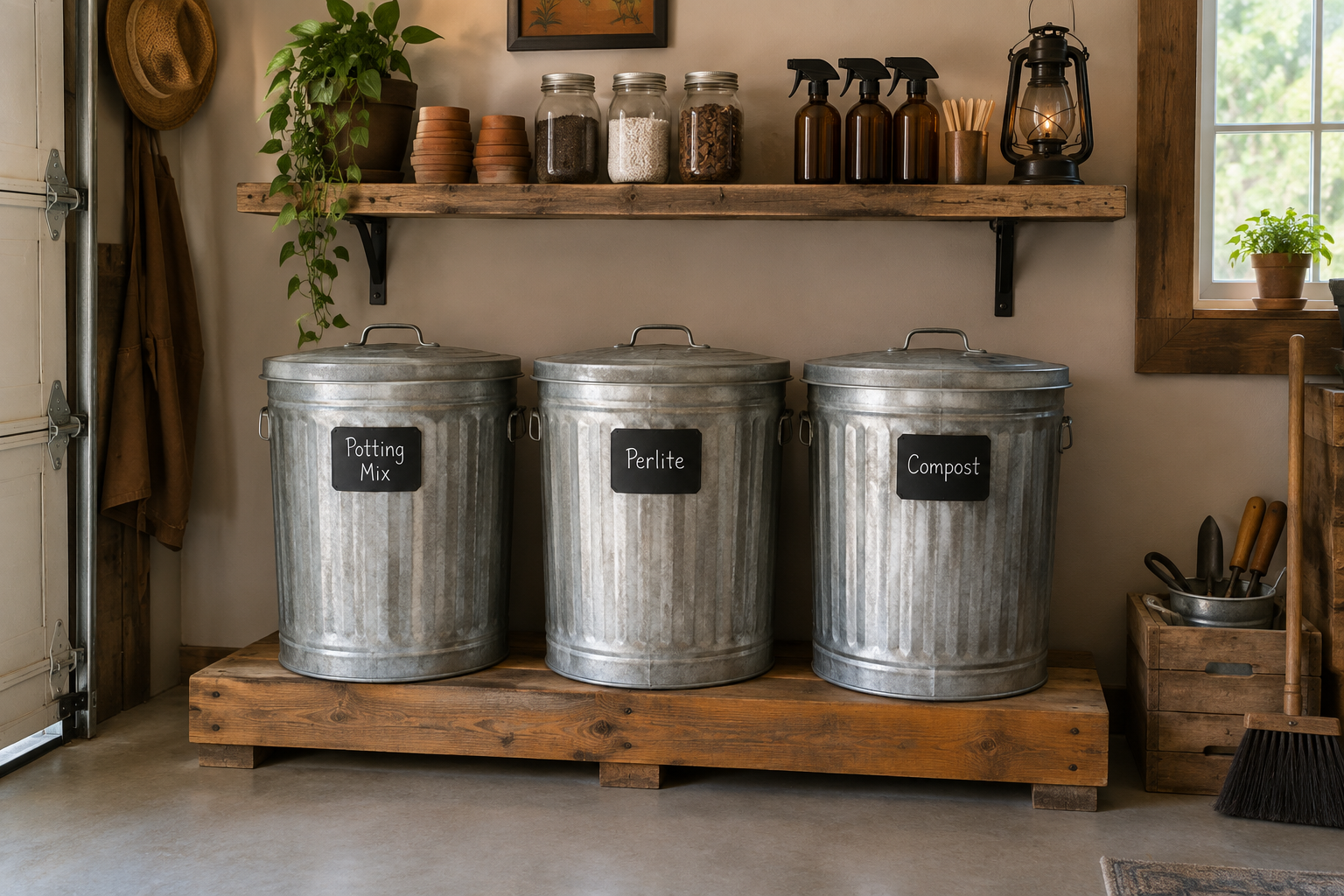 Galvanized metal cans labeled for potting mix perlite and compost stored on wooden platform in garage