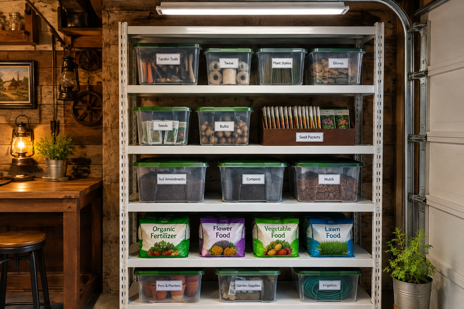 White metal shelving unit with clear labeled bins and seed packets for garage garden supply storage