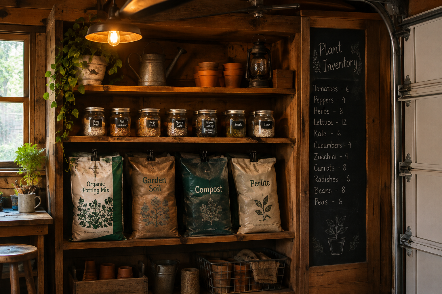 Medium brown wood built-in shelving holding soil bags and glass jars of amendments in a garage garden station