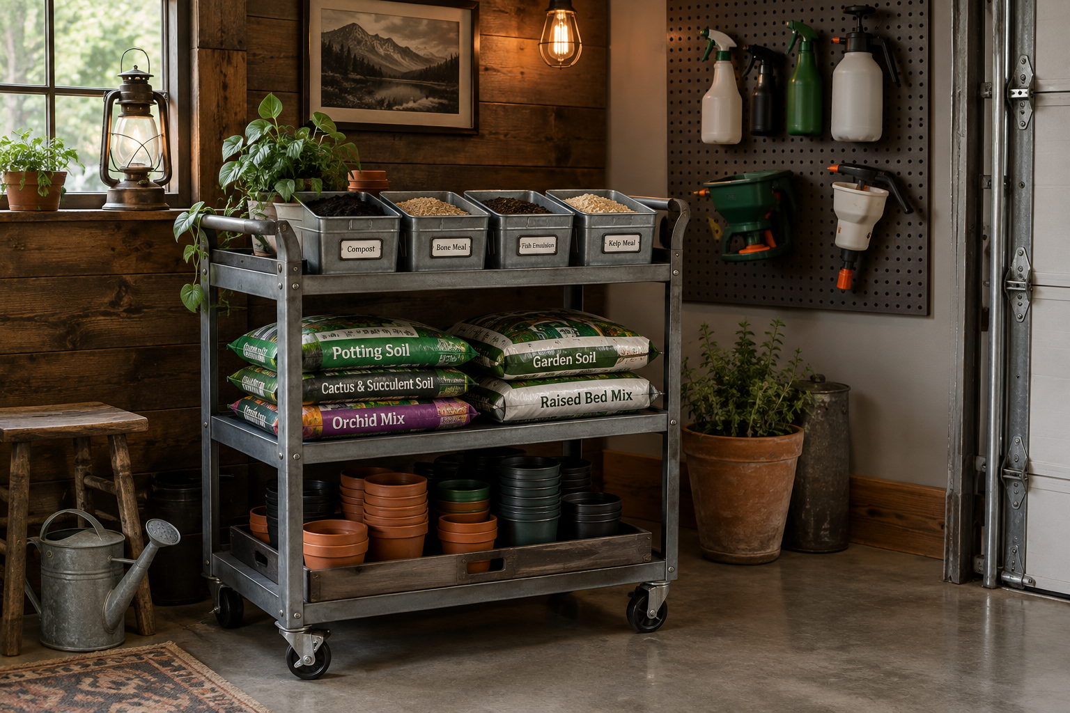 Rolling metal garden supply cart with tiered shelves and labeled soil amendment bins in garage corner