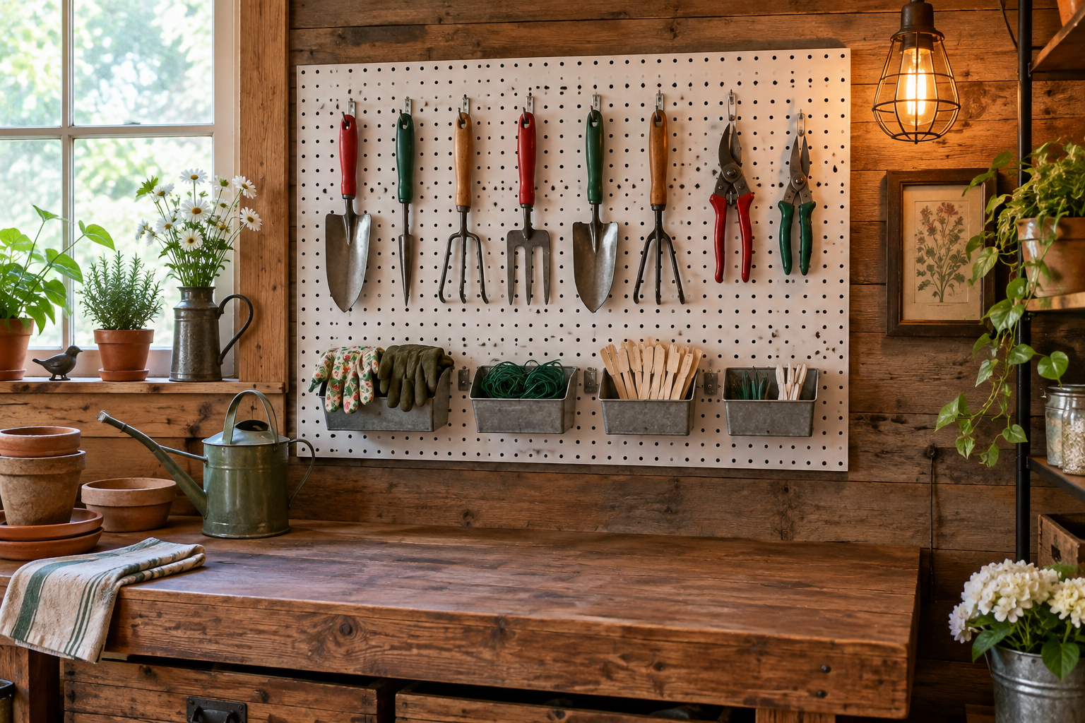 White pegboard with garden hand tools and gloves in bins mounted above a garage potting bench