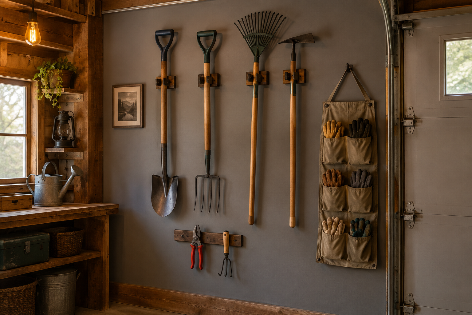 Wall-mounted holders for long garden tools with magnetic strip and fabric glove organizer in a grey garage