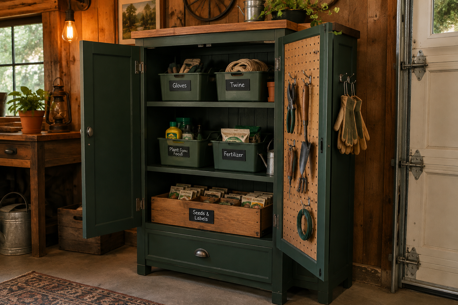 Forest green garden tool cabinet open showing pegboard door panel and labeled supply bins inside a garage