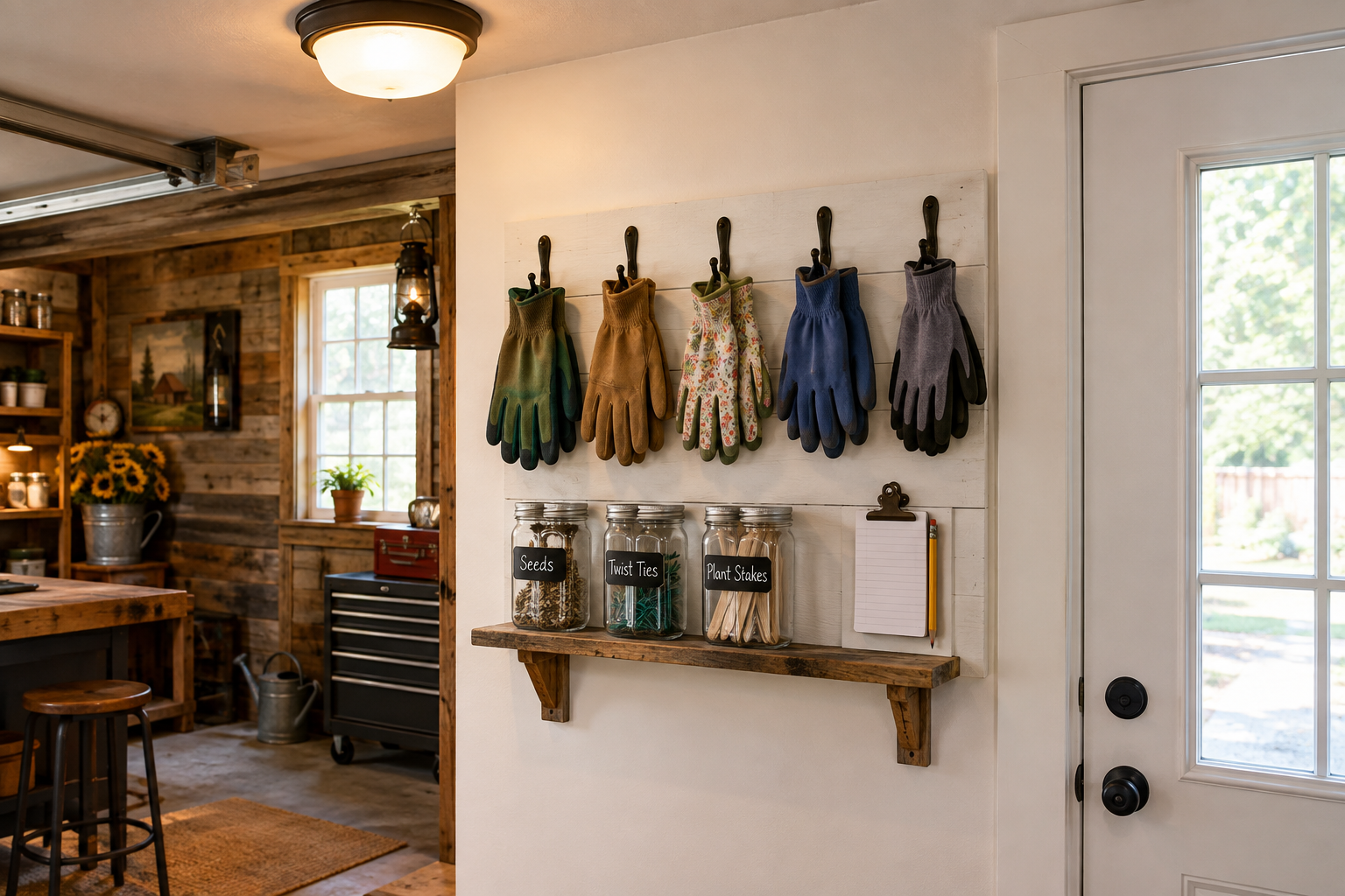 White wood panel with colorful garden gloves on hooks and labeled mason jars on shelf near garage side door