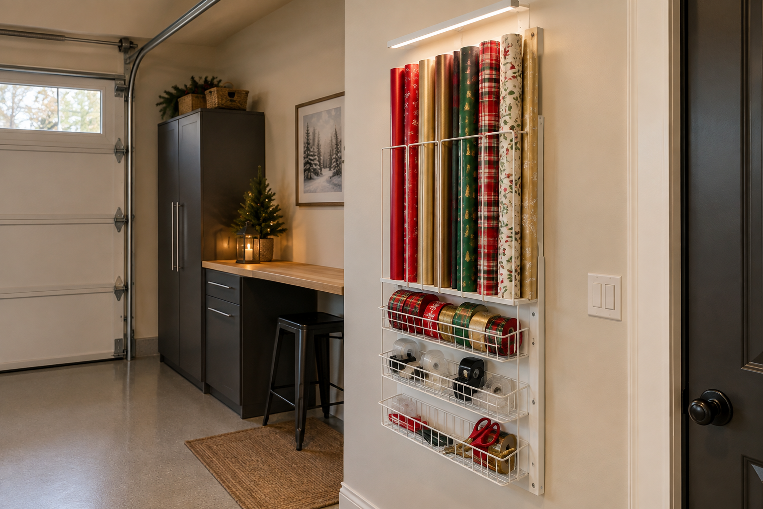 White wall-mounted gift wrap organizer with vertical paper roll slots and wire baskets holding ribbon tape and scissors in garage