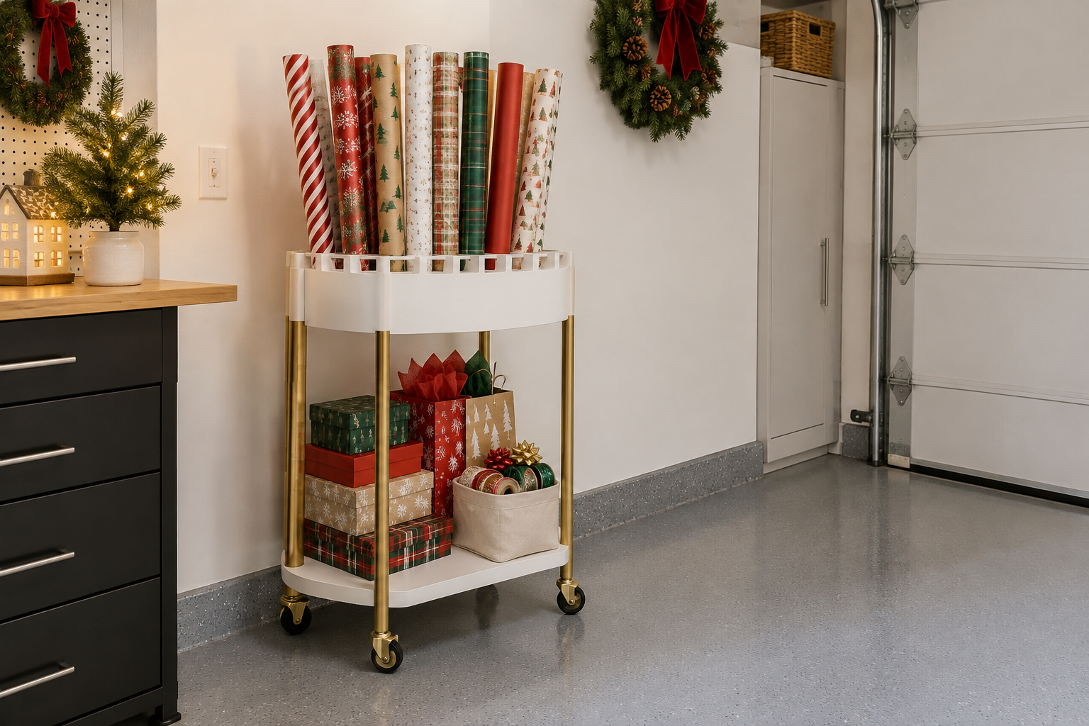 White and gold freestanding rolling gift wrap cart with upright paper roll holder gift boxes and ribbon bin in clean garage corner