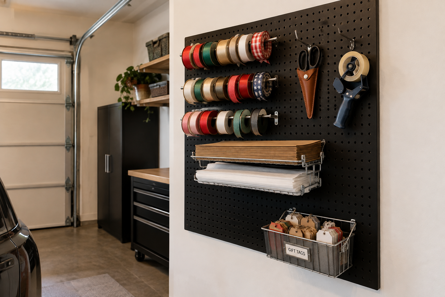 Black garage pegboard with silver hooks holding ribbon rolls scissors tape gun and gift tag bin as a dedicated gift supply wall