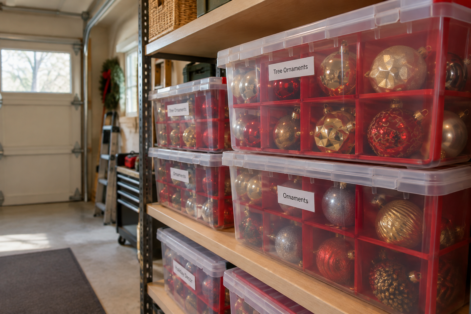 Clear plastic ornament storage bins with red dividers holding colorful glass Christmas ornaments on garage shelf