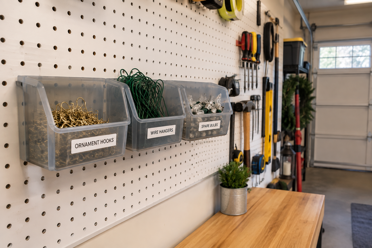 White garage pegboard with small labeled translucent gray bins holding ornament hooks and spare light bulbs