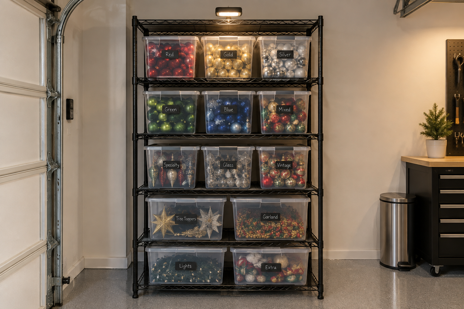 Black wire garage shelving unit with multiple clear labeled ornament storage crates lit by small overhead LED light