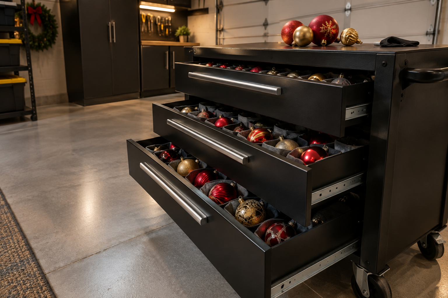 Matte black rolling three-drawer garage cart with Christmas ornaments stored in individual felt pouches in each drawer