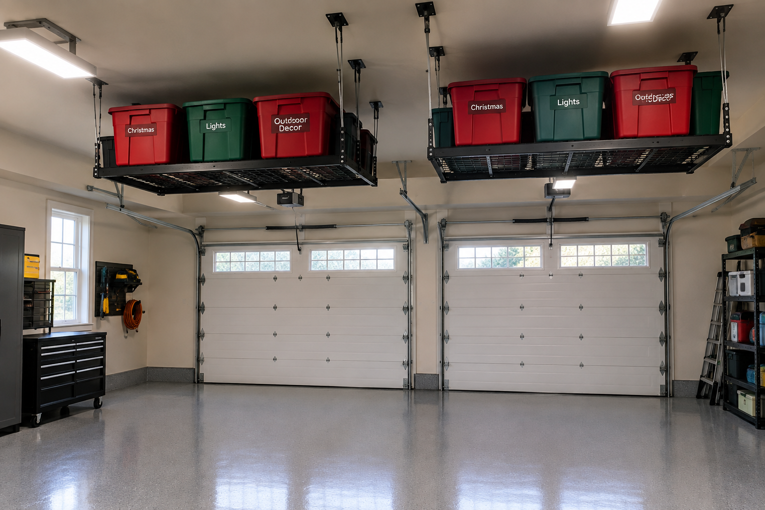 Two heavy-duty black steel ceiling storage racks holding labeled red and green Christmas totes above clean epoxy garage floor
