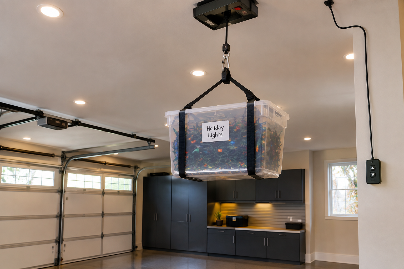 Motorized pulley hoist system lowering a clear labeled holiday lights storage tote in a modern white-ceiling garage