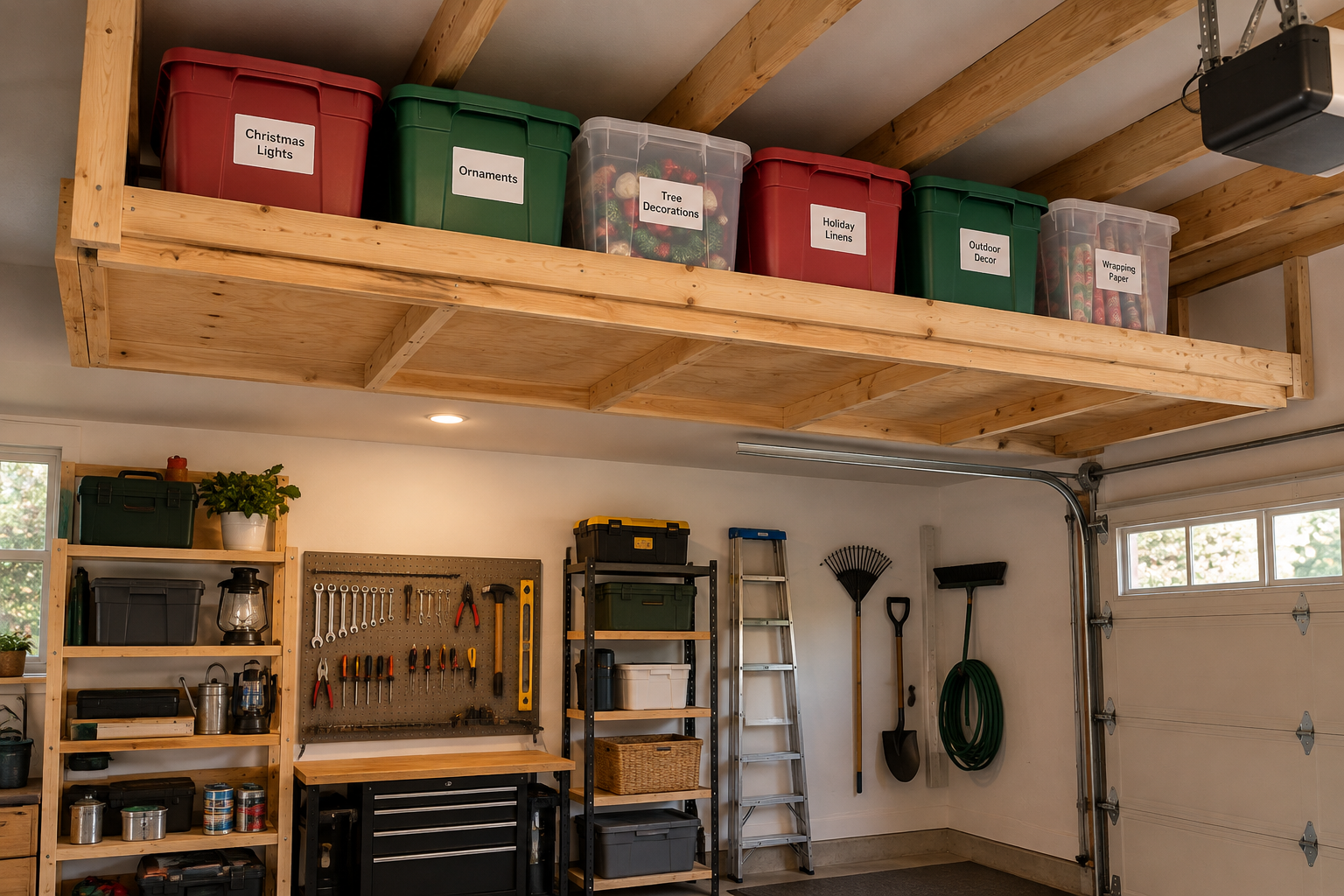 DIY plywood ceiling platform between garage joists holding six labeled holiday storage bins with wooden safety ledge rail