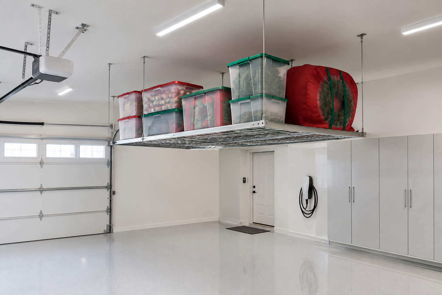 Adjustable silver steel ceiling grid storage rack holding clear holiday totes and a wreath bag in a modern white garage