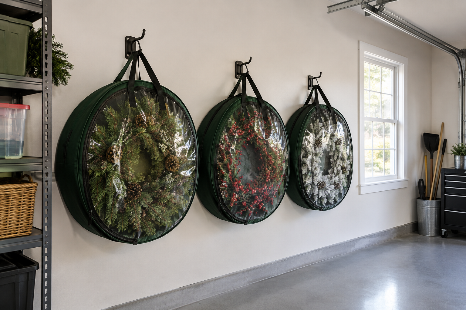 Three green zippered wreath storage bags with clear vinyl windows hanging on garage wall hooks showing wreaths inside