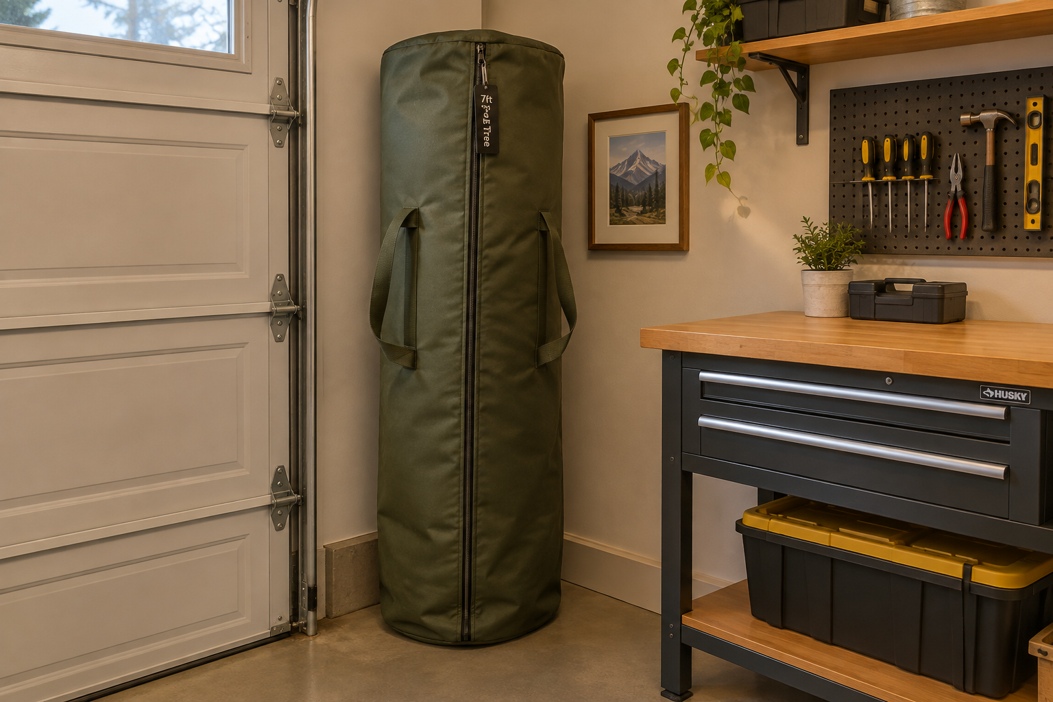 Tall cylindrical olive fabric Christmas tree storage bag with vertical zipper and label in organized garage corner