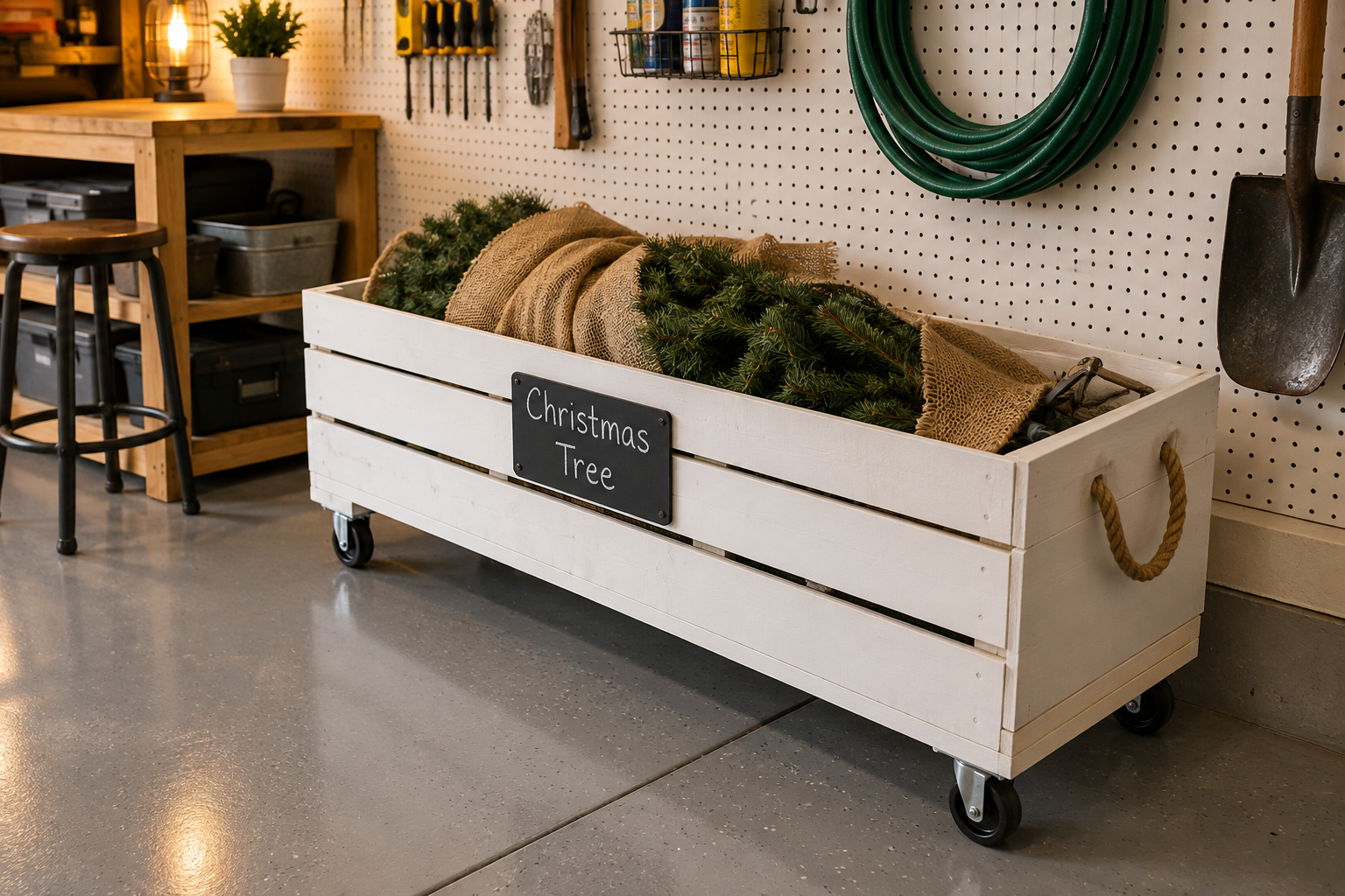 White painted wooden rolling crate with rope handles holding a burlap-wrapped artificial Christmas tree on epoxy garage floor