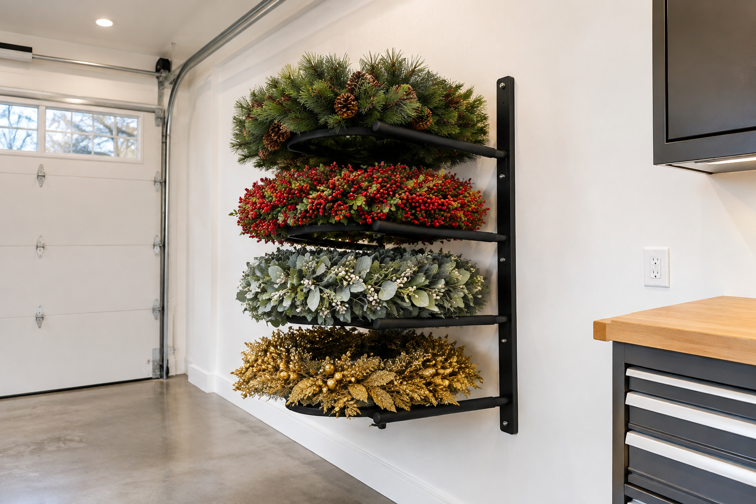 Black powder-coated wall rack with padded arms holding four different style Christmas wreaths displayed flat in garage