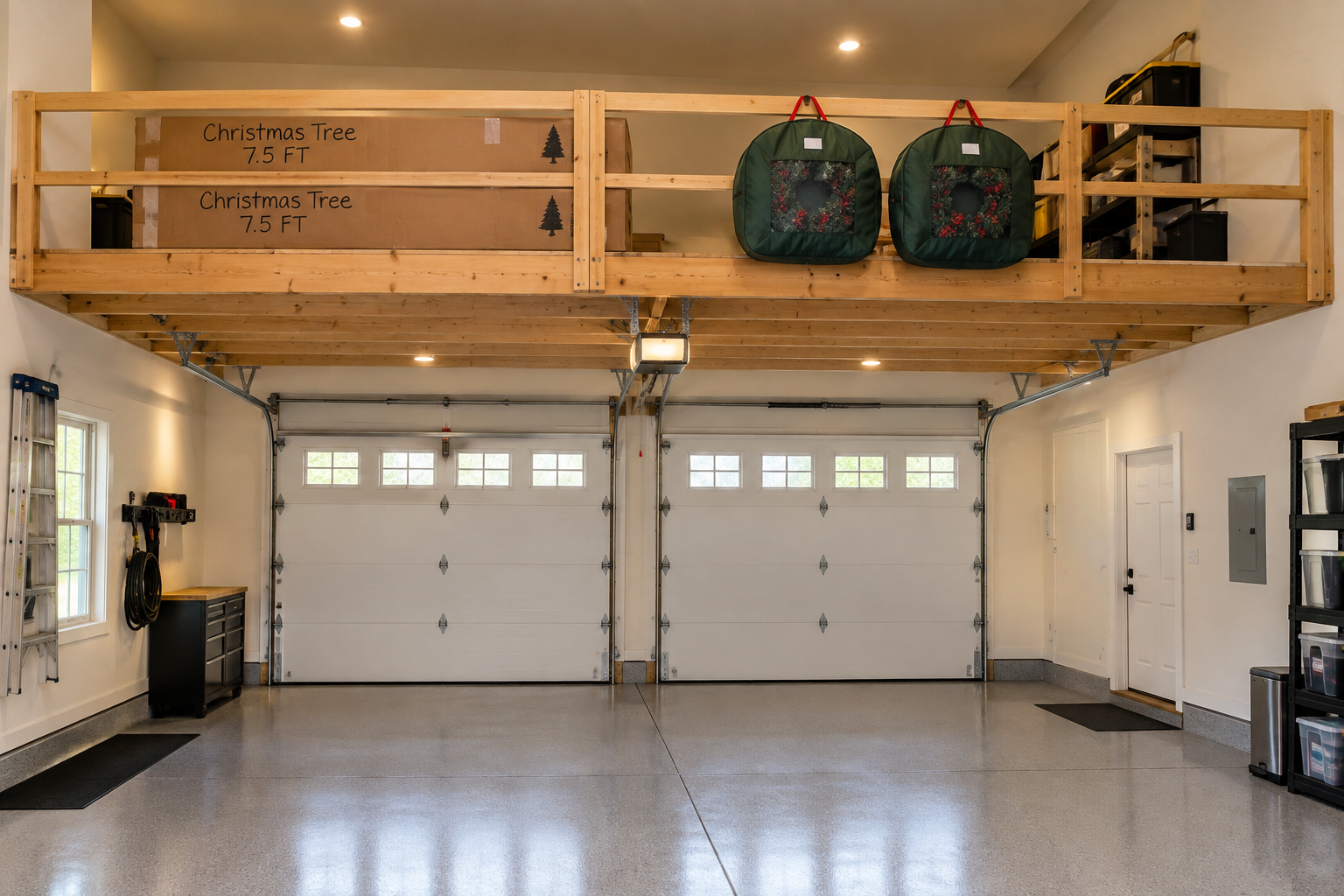 Garage attic loft with labeled Christmas tree boxes stacked flat and wreath bags hanging from wooden railing above clean garage