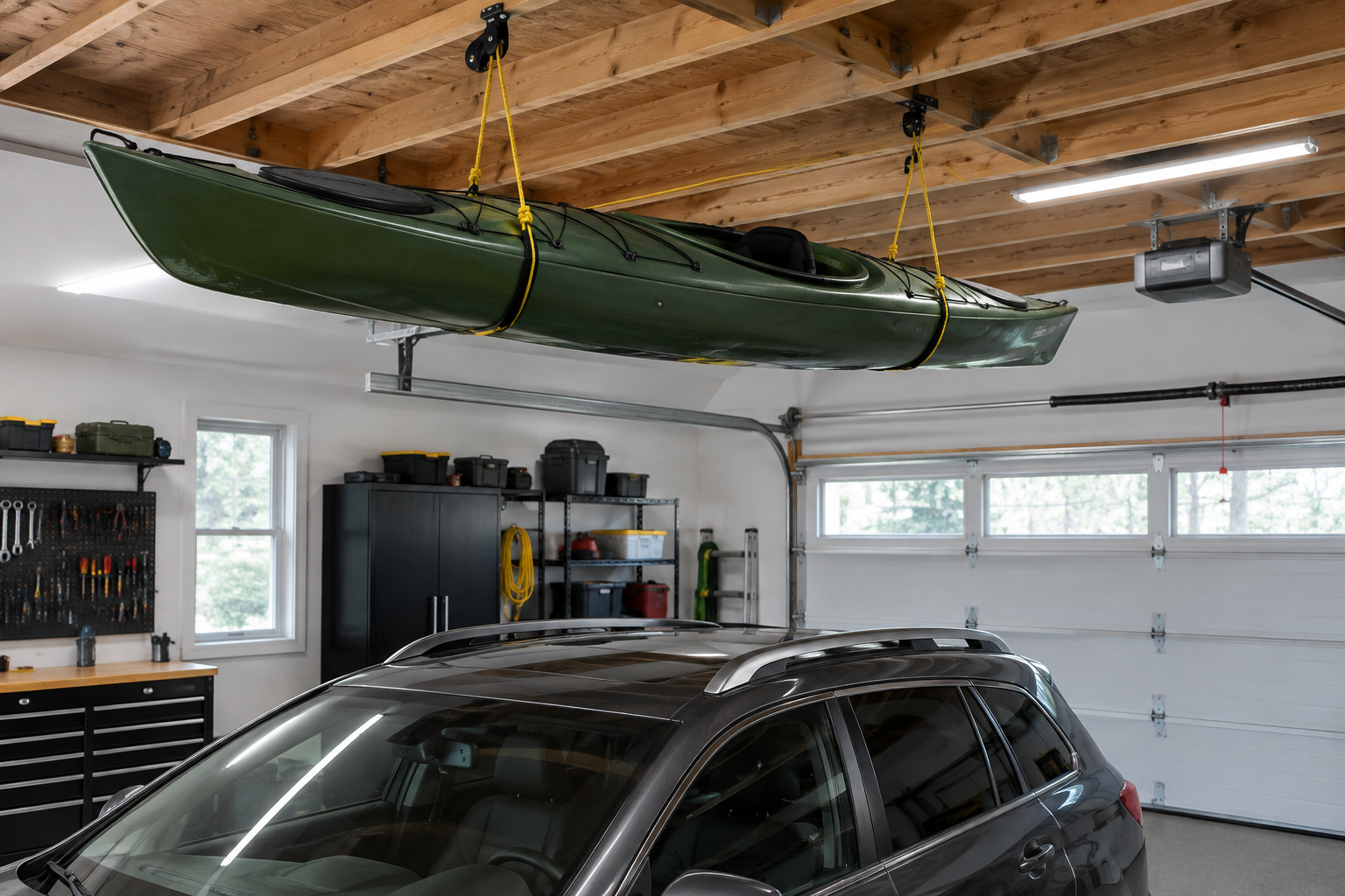 Green recreational kayak suspended by yellow pulley hoist ropes near the ceiling of a two-car garage with car parked below