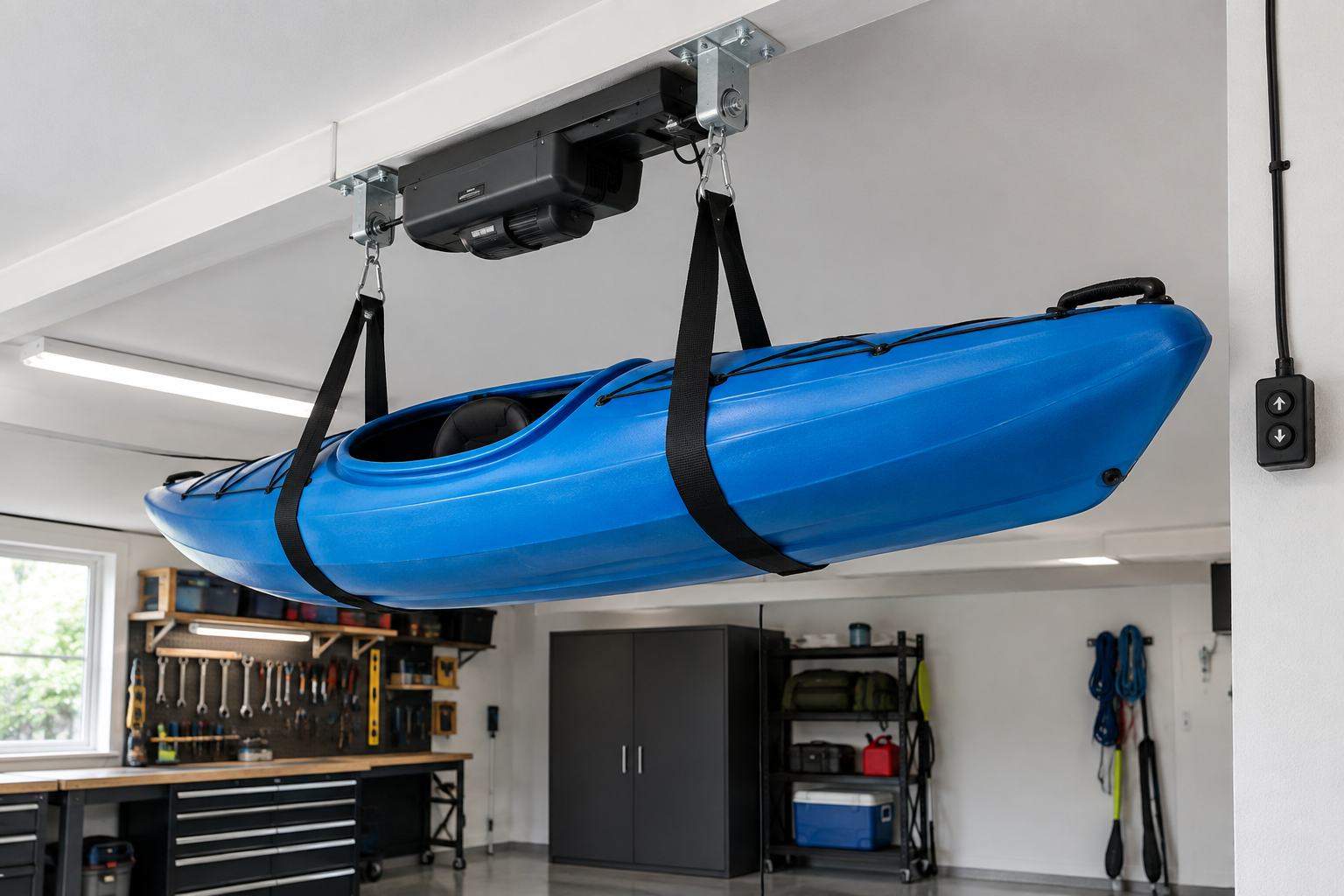 Blue sit-inside kayak lifted by motorized ceiling hoist with wide black webbing straps in a white garage