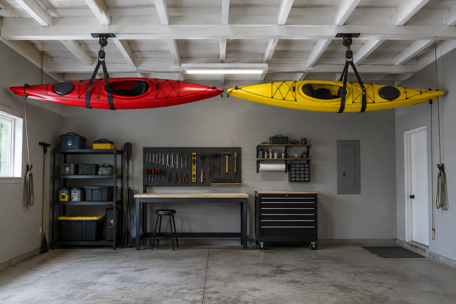 Red and yellow kayaks hanging side by side from separate manual pulley hoists on white-painted garage ceiling joists