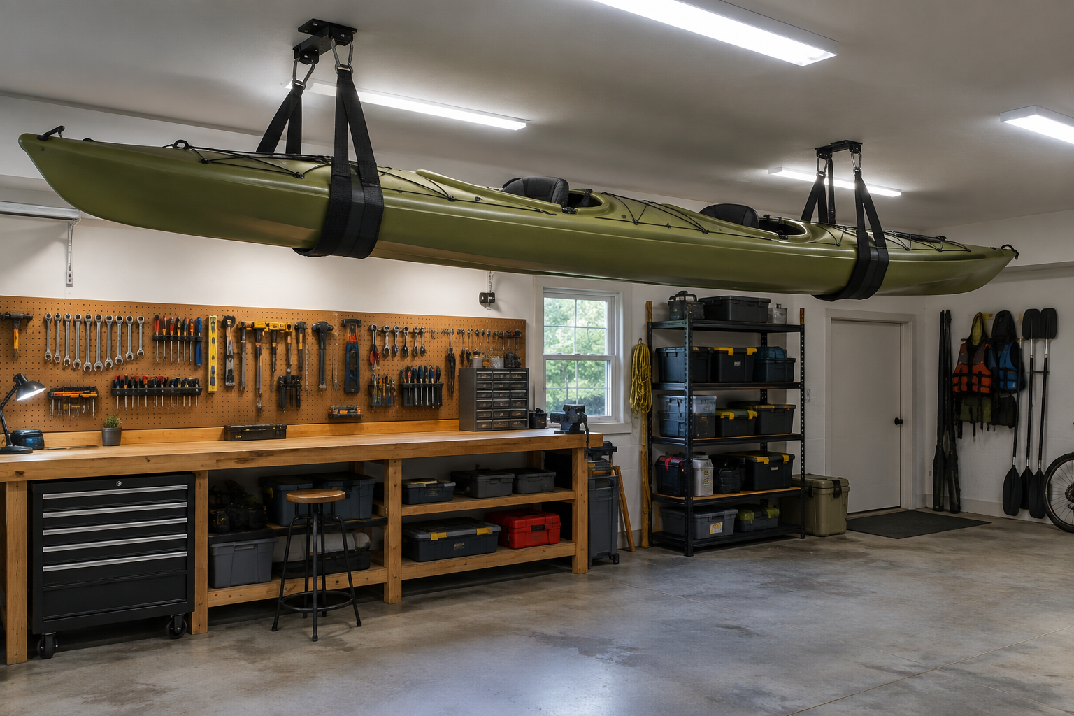 Long olive green tandem kayak hung close to a 9-foot garage ceiling on heavy-duty foam-lined cradle slings with LED lighting