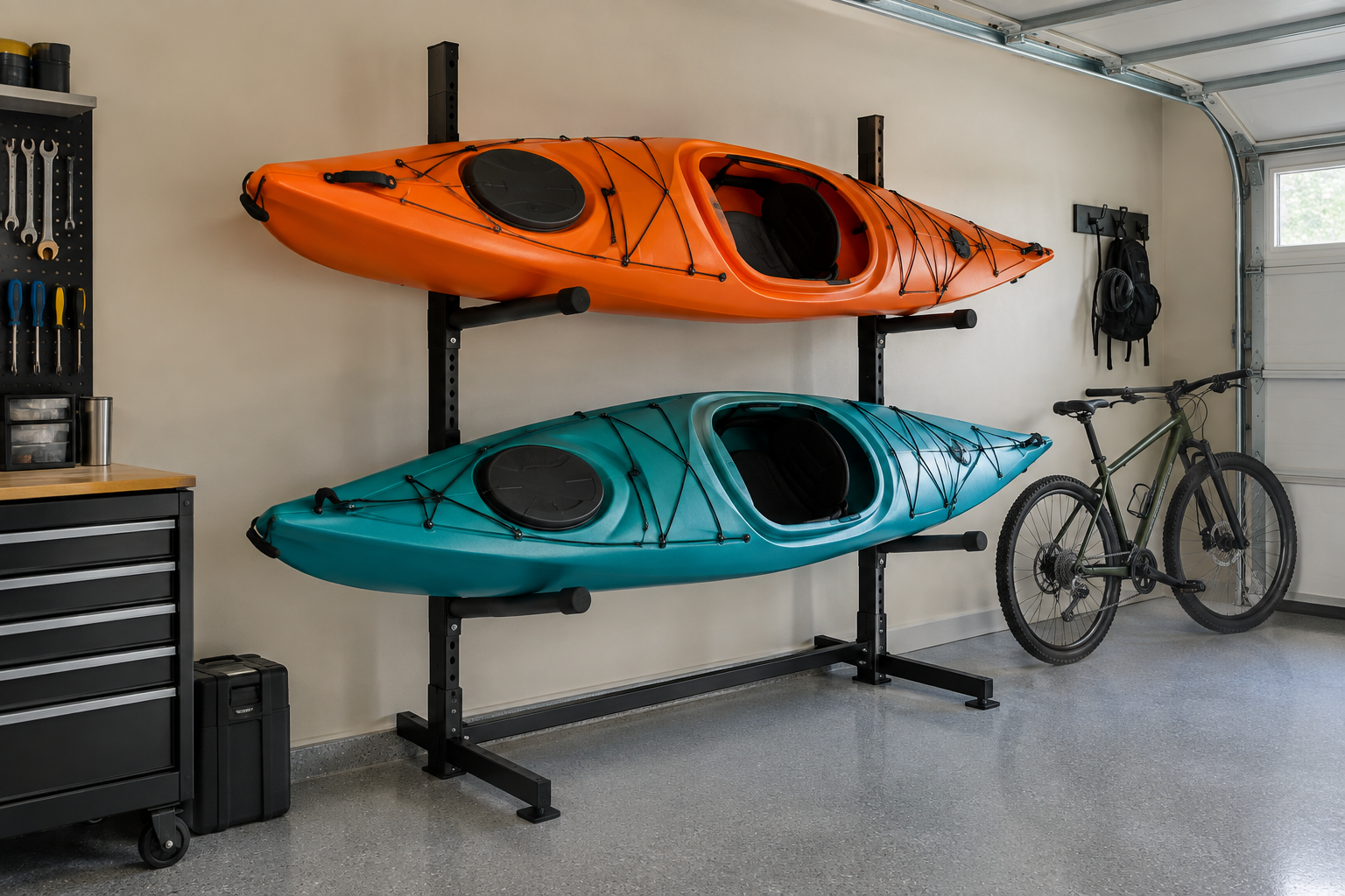 Teal and orange kayaks stored on black powder-coated freestanding vertical two-kayak rack against a beige garage wall