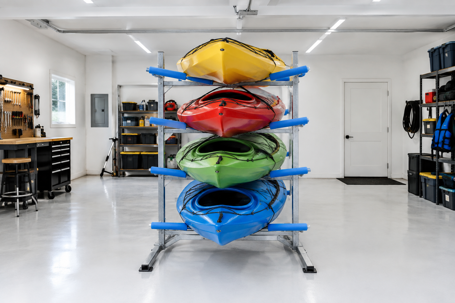 Four colorful kayaks stored on a tall galvanized steel freestanding rack with blue foam-padded arms in a white garage
