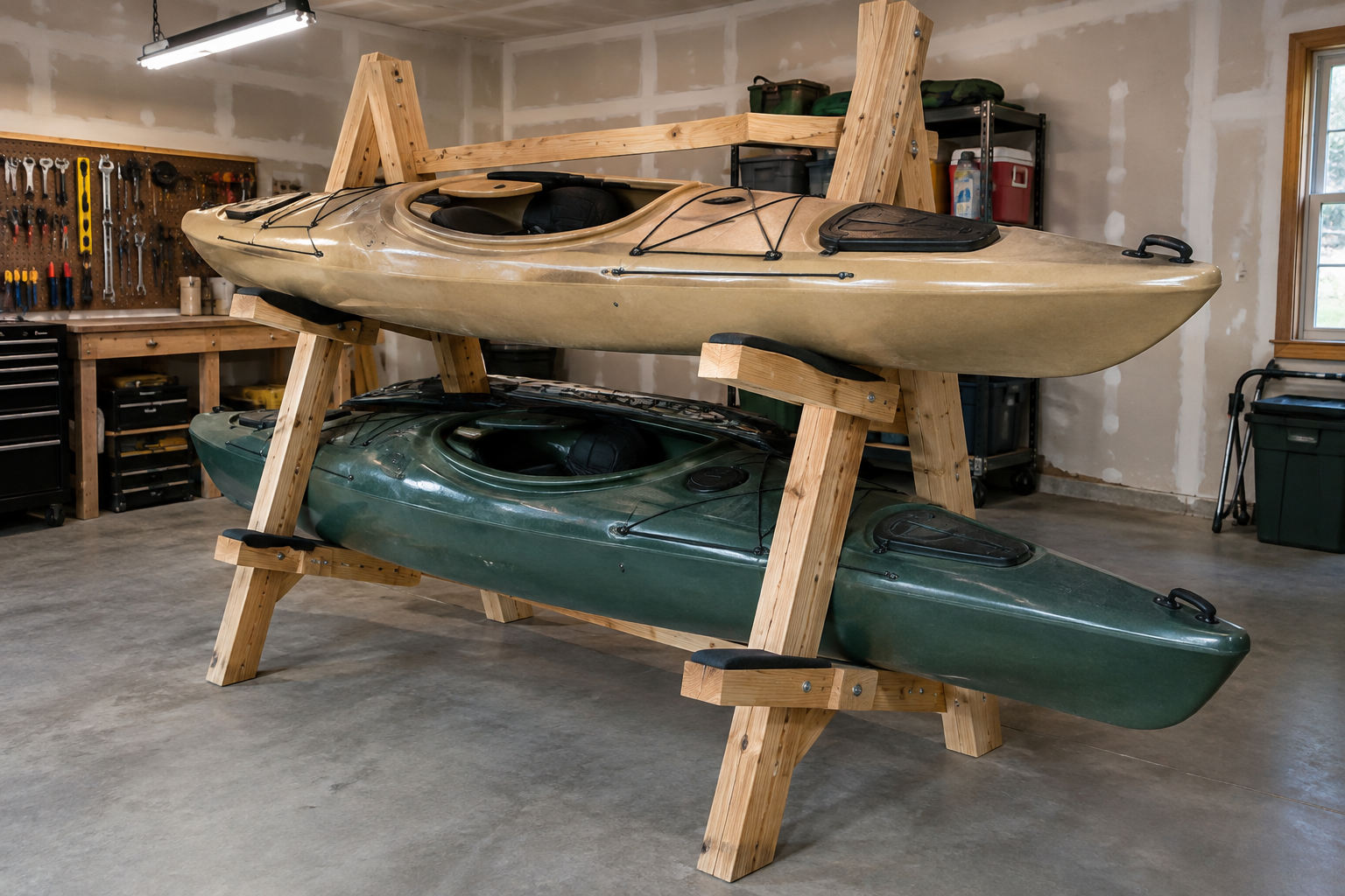 Tan and dark green kayaks resting on a DIY A-frame lumber freestanding rack with natural wood finish in an unfinished garage