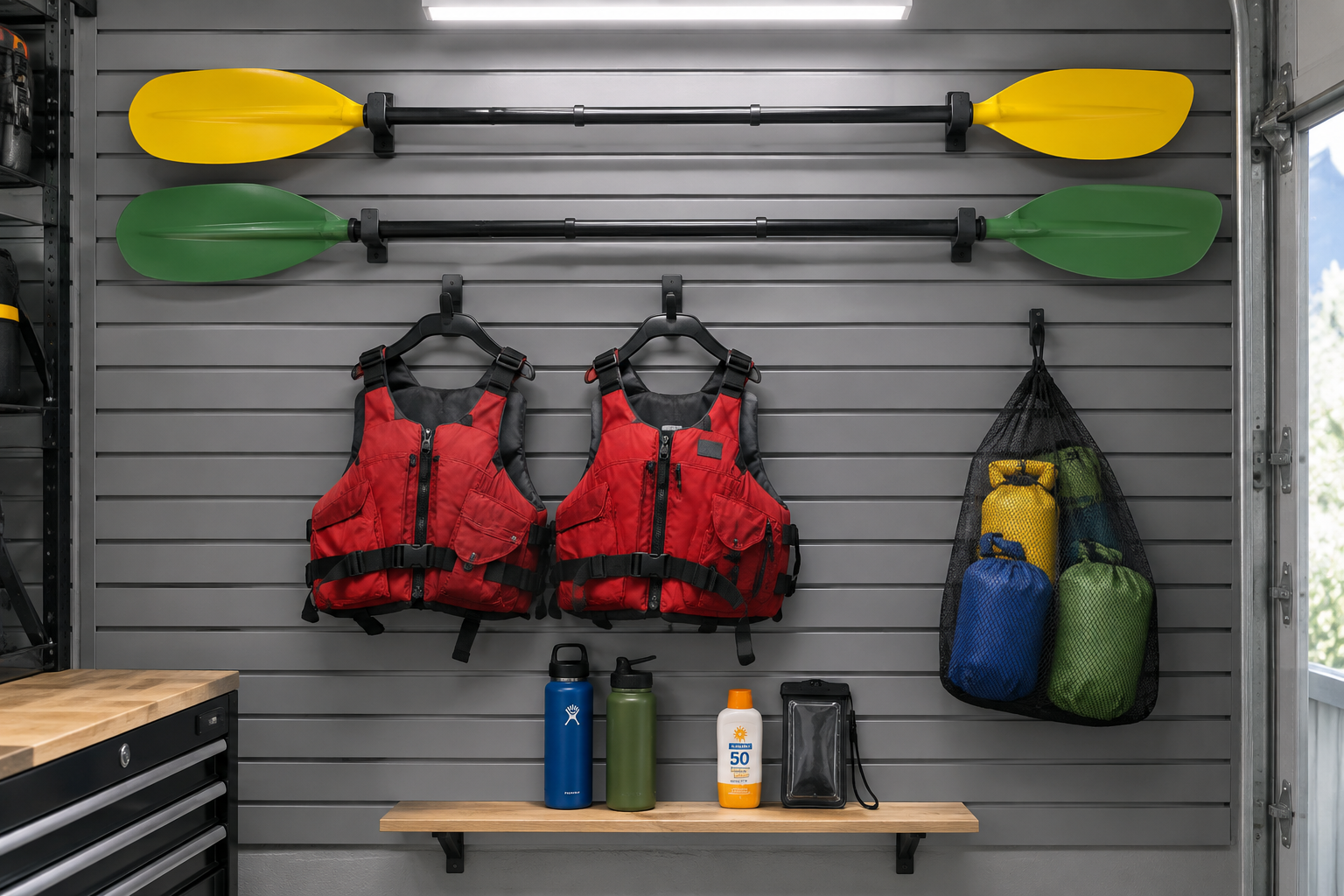 Gray slatwall garage wall panel with kayak paddles, life jackets, and dry bags organized on hooks and a narrow wooden shelf