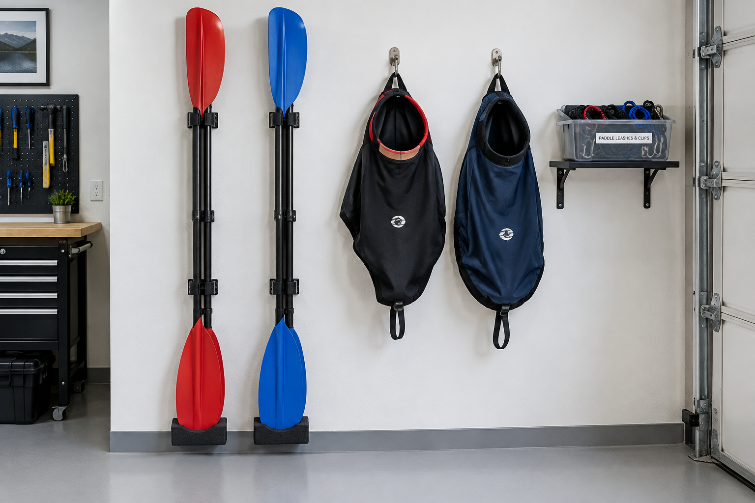 Red and blue kayak paddles stored upright in vertical wall brackets beside hanging spray skirts on a white painted garage wall
