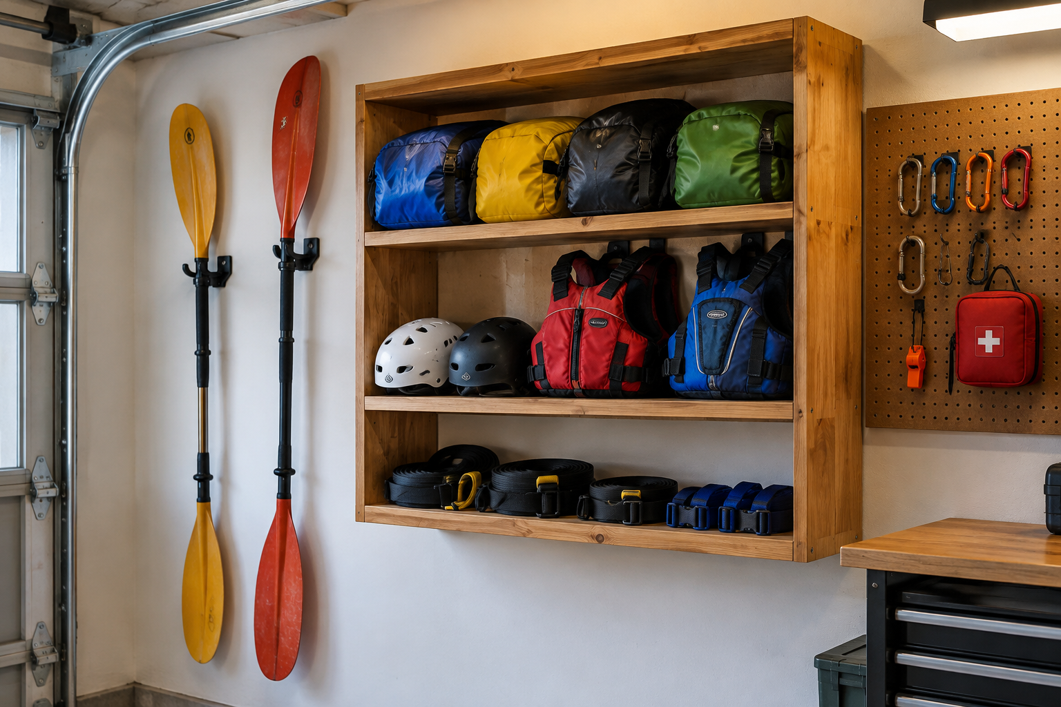 Kayaking gear station in a garage corner with wooden open shelving, paddle hooks, pegboard for safety gear, and dry bags