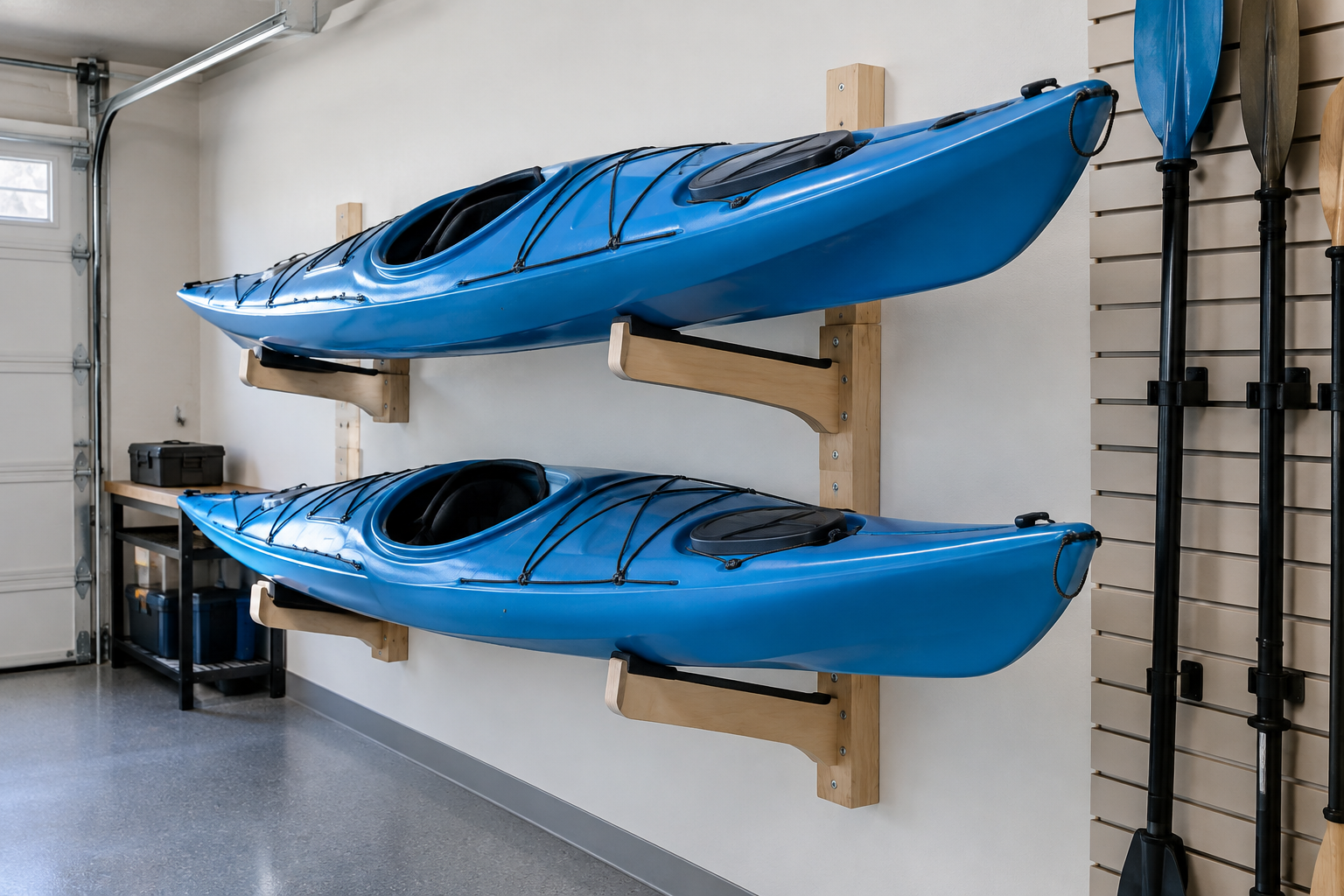 Two blue sea kayaks stacked on birch wood foam-padded wall cradles in a white garage