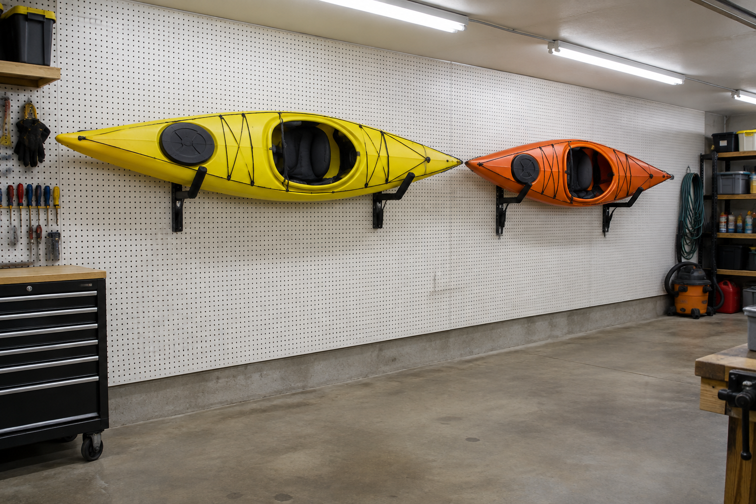 Yellow and orange recreational kayaks mounted side by side on adjustable steel wall cradles with white pegboard background