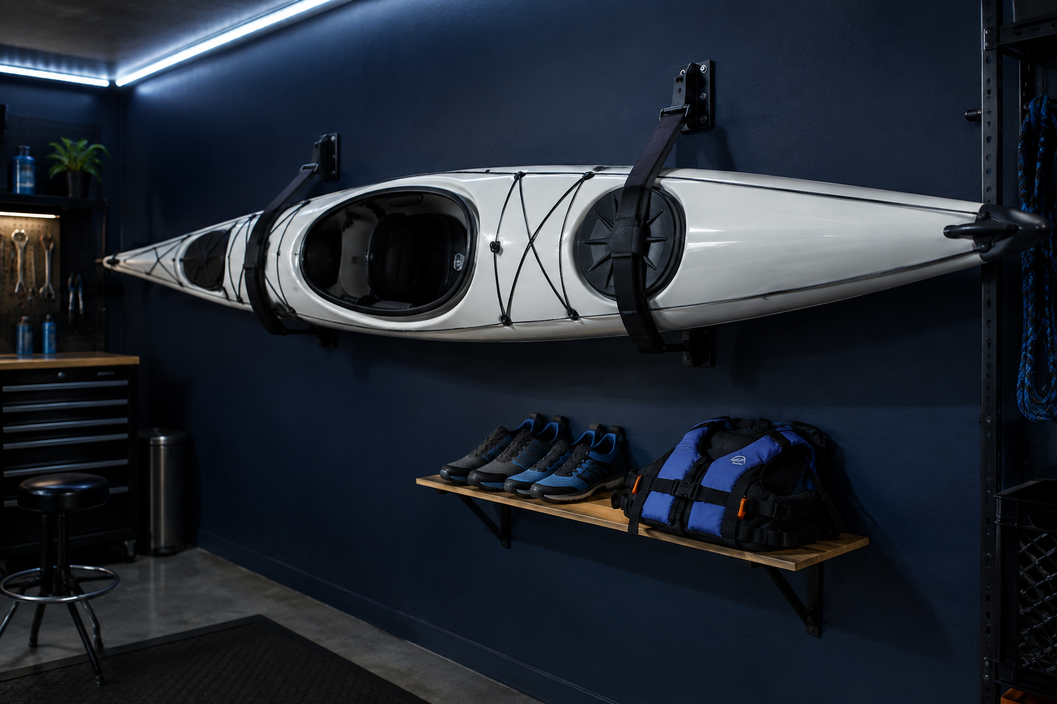 White touring kayak hung on padded wall straps in a dark navy blue garage with LED ceiling strip lighting
