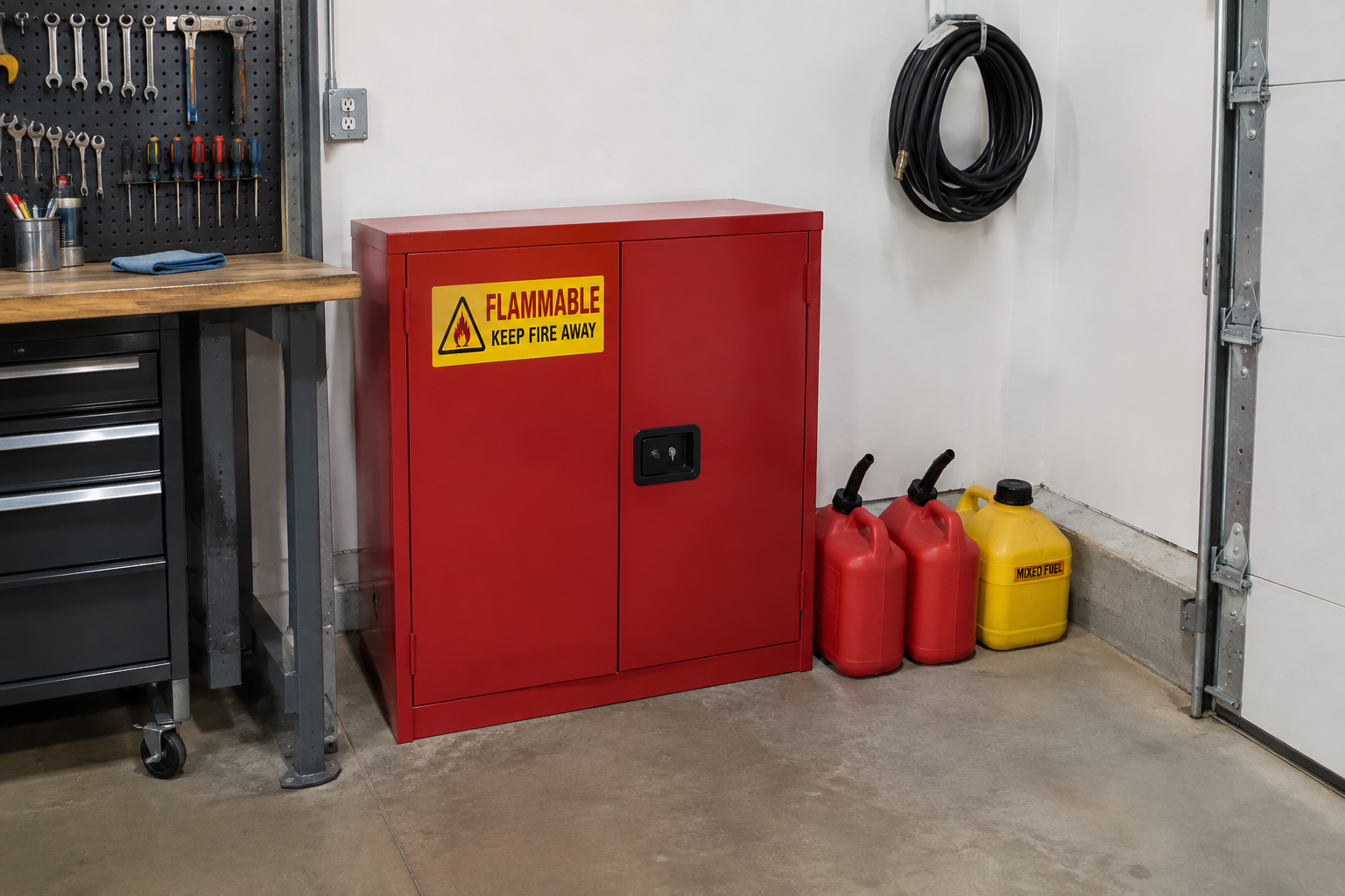 Red steel flammable storage cabinet with gas cans and mixed fuel containers in garage corner