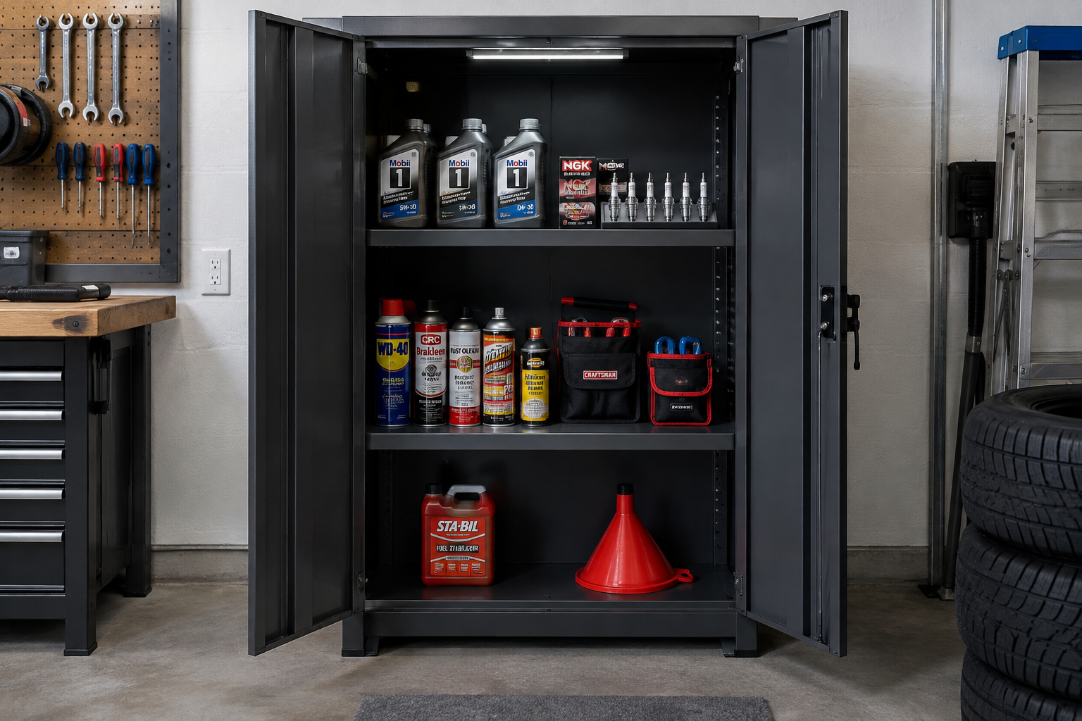 Open dark gray metal garage cabinet with organized engine oil, lubricants, and fuel supplies