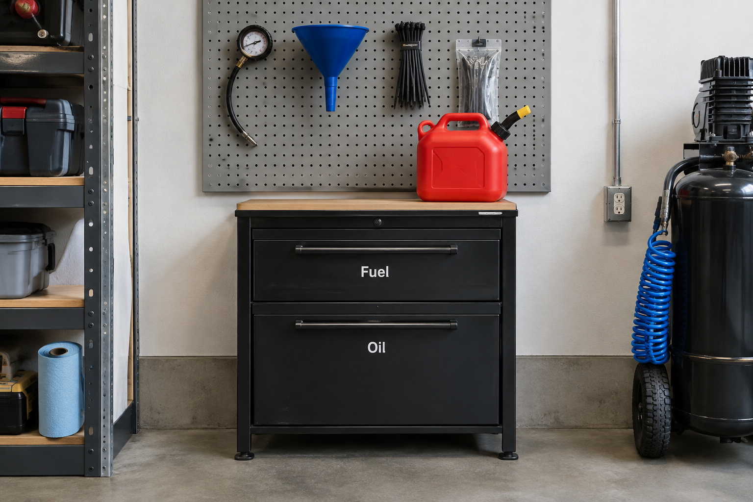 Black steel base cabinet with labeled fuel and oil drawers below an accessory pegboard