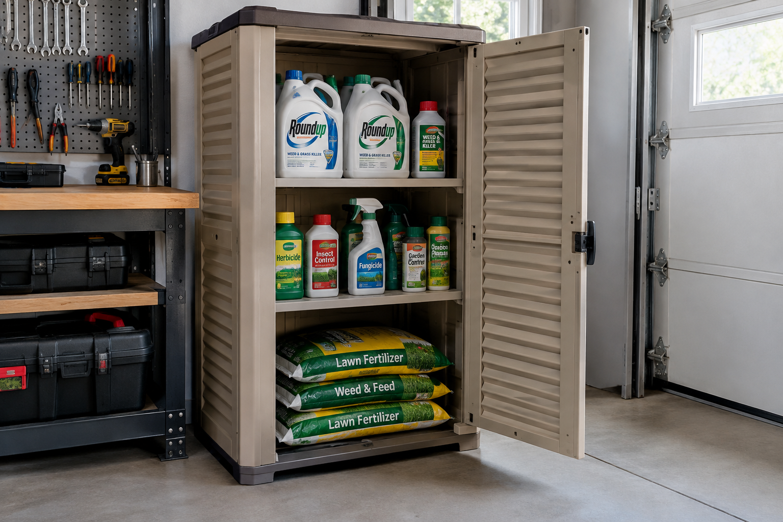 Ventilated plastic outdoor storage cabinet with fertilizer, pesticide, and weed killer inside garage