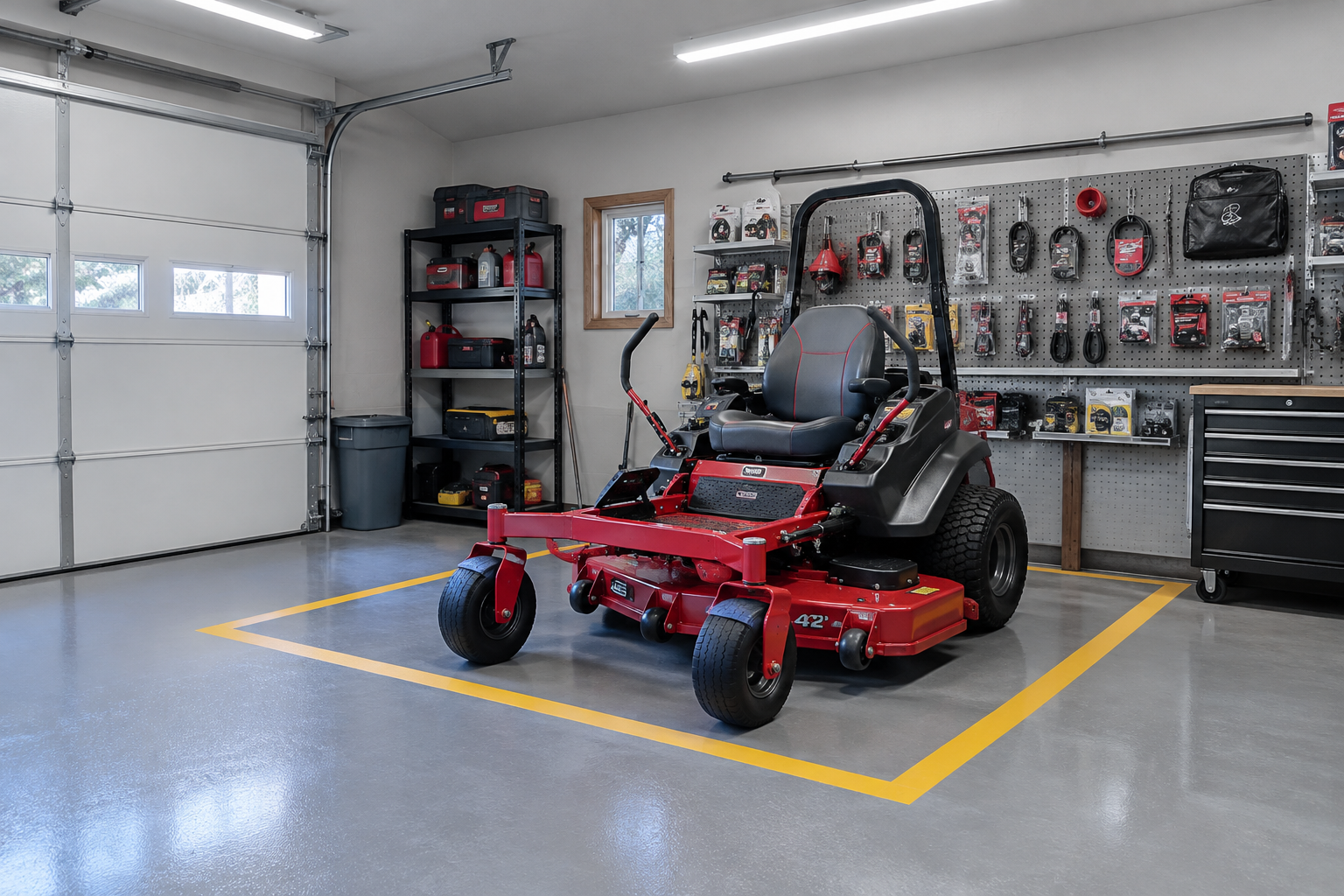 Zero-turn riding mower parked in a designated yellow-lined garage zone on gray epoxy floor