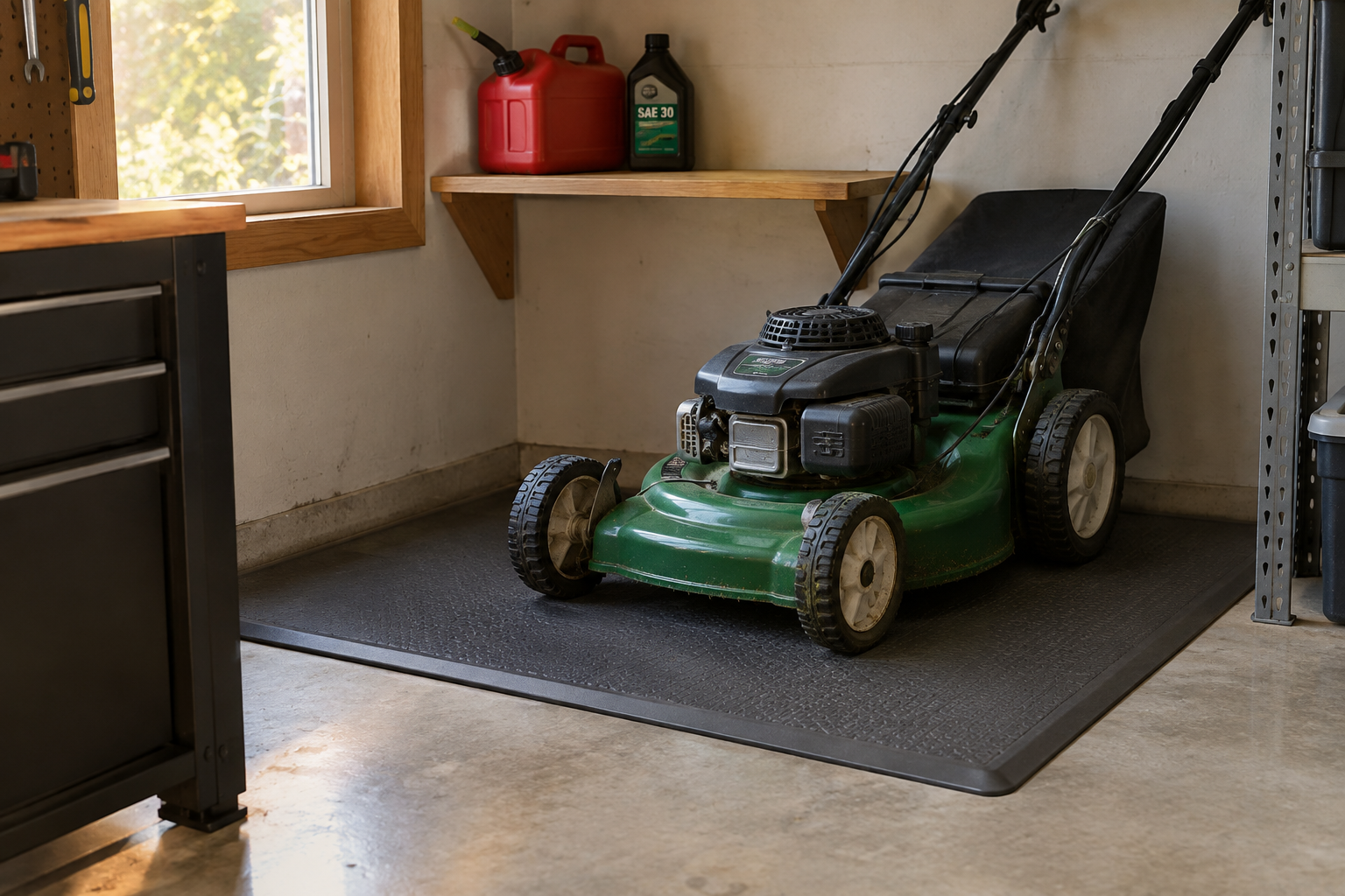 Green push mower sitting on a gray rubber parking mat in a small garage corner