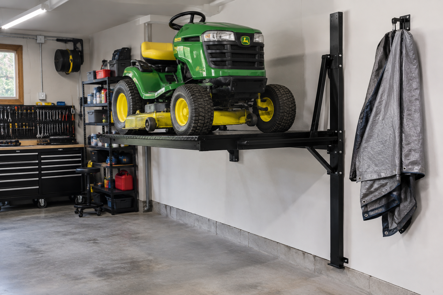 Green riding lawn tractor elevated on a black steel wall-mounted mower lift platform