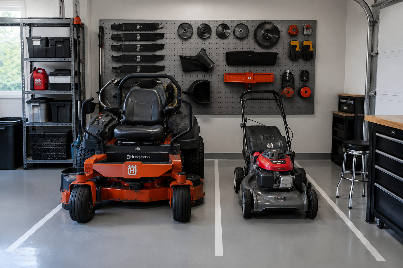 Zero-turn and push mower parked side by side in white-lined garage parking zones