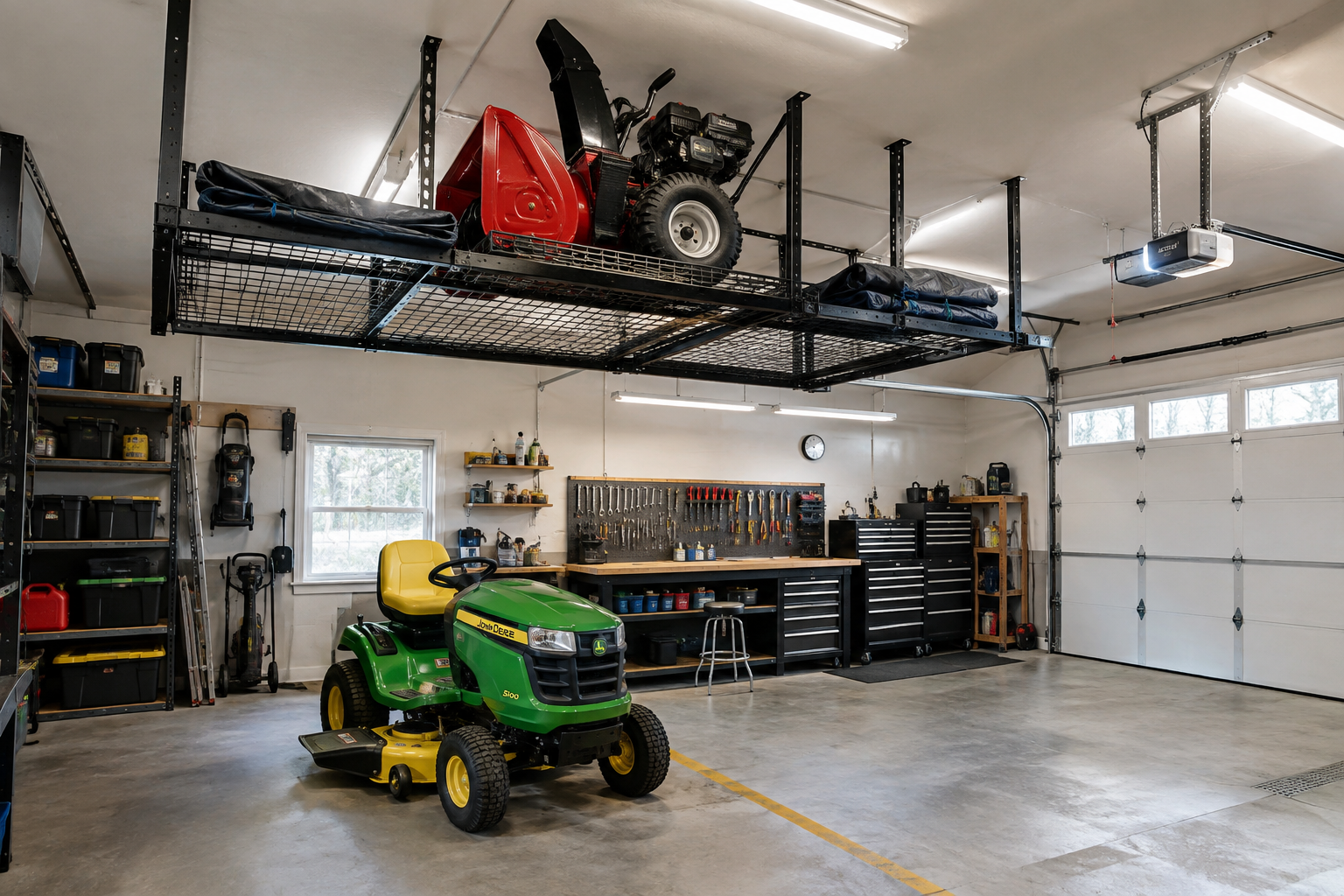 Snow blower stored on overhead ceiling rack above an active-season riding mower on garage floor