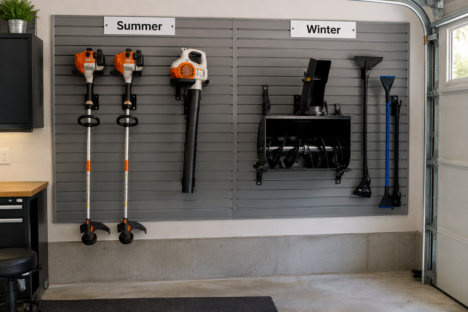 Garage slatwall with labeled summer and winter seasonal equipment zones and tool hooks