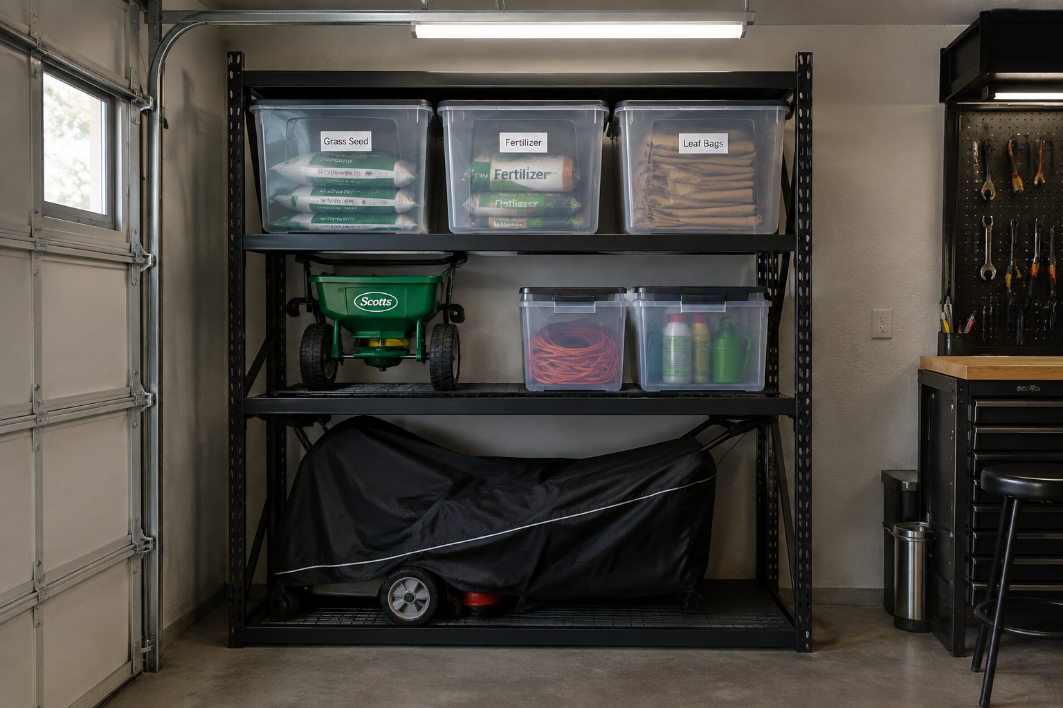 Covered push mower on lower garage shelf with labeled seasonal supply bins stacked above